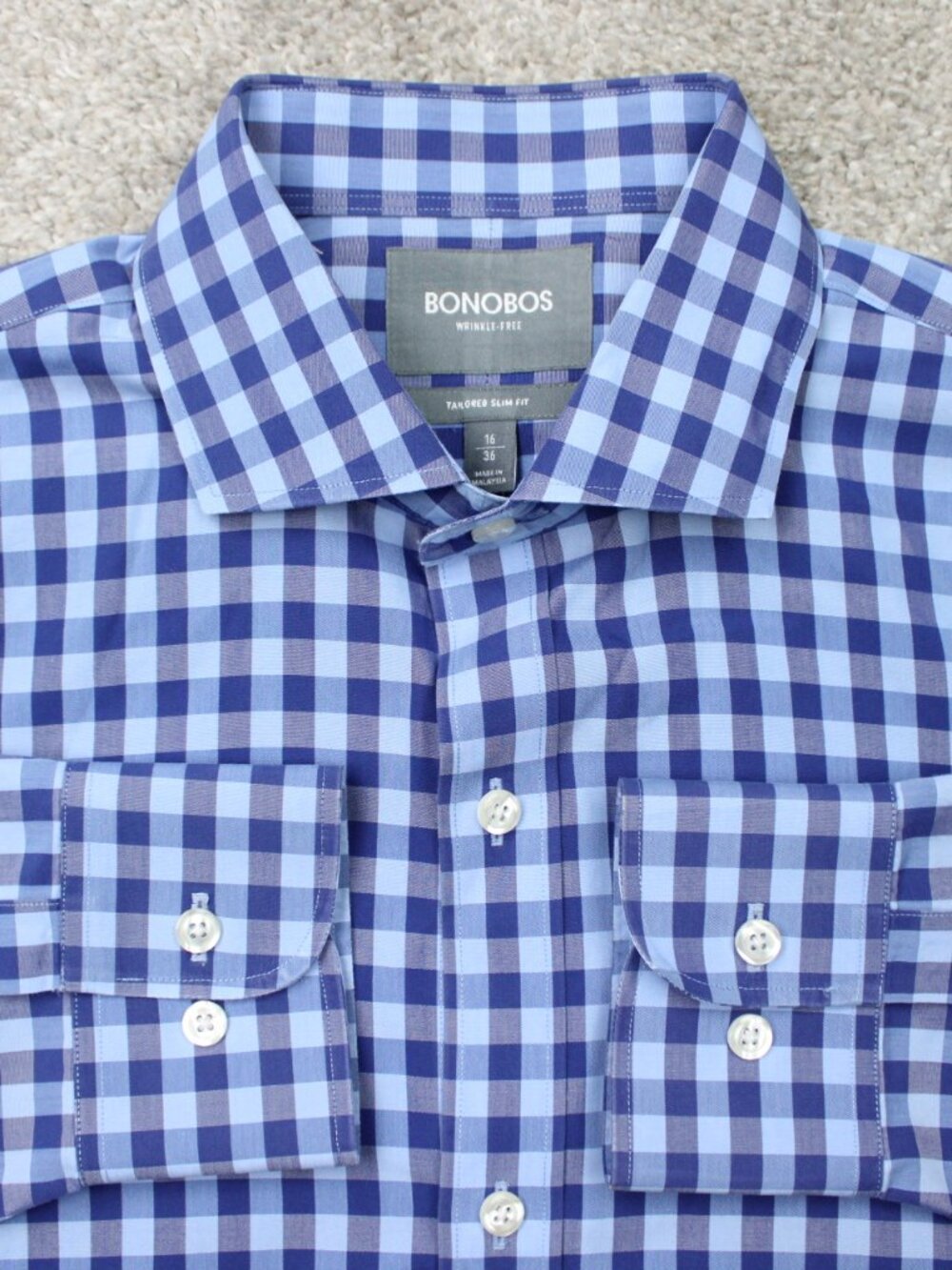 Bonobos Shirt Mens 16, 36 Blue Check Tailored Slim Fit Wrinkle-Free Long Sleeve